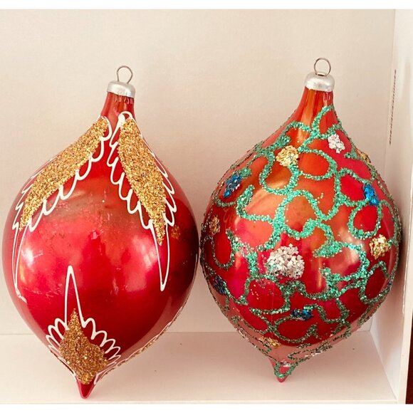 Vintage Christmas Ornament Italy Set of 2 Teardrop Hand Painted Glitter Red - Picture 4 of 5